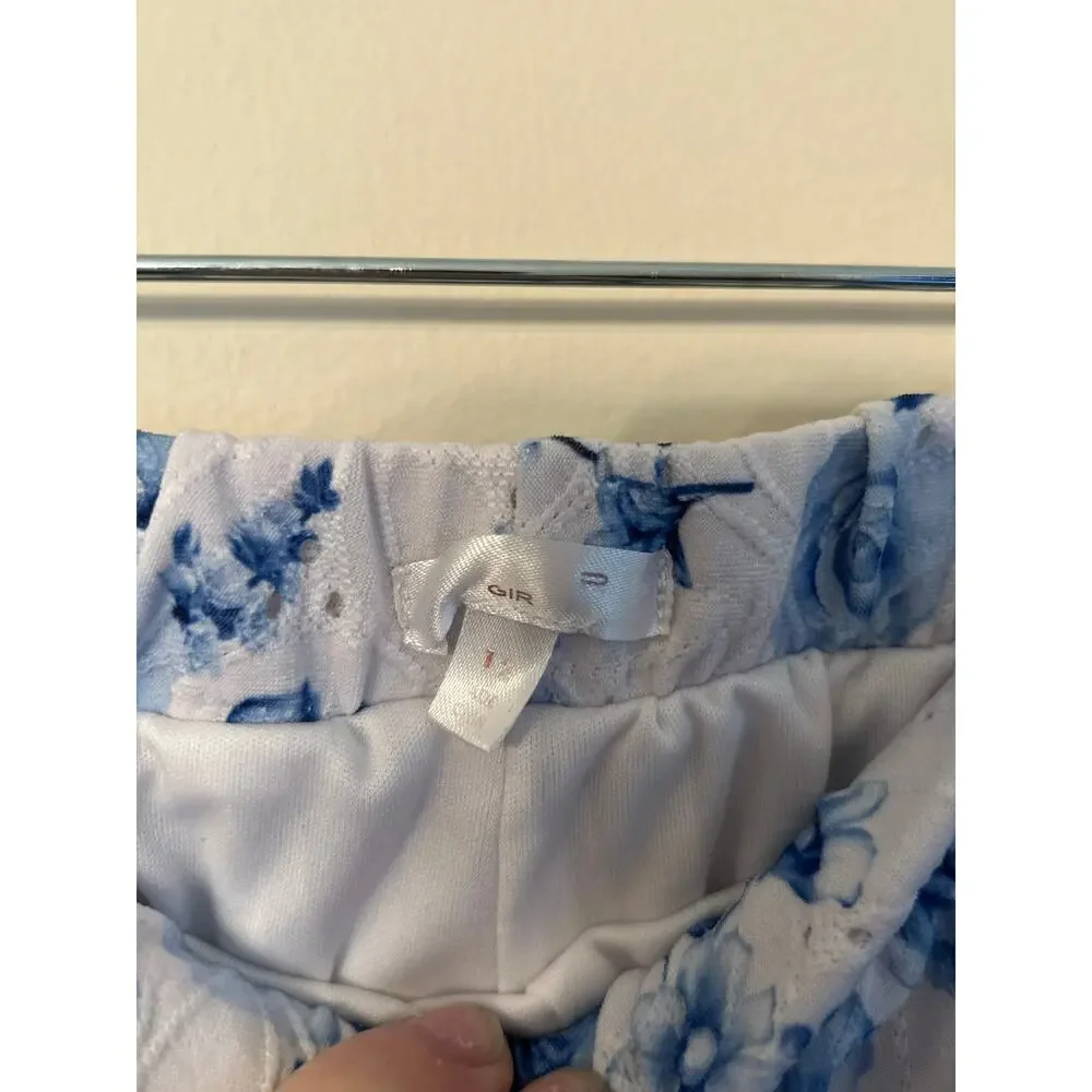 Tahari Girls Blue White Floral 2 Pc Matching Set Peplum Top Wide Leg Pants Sz 12